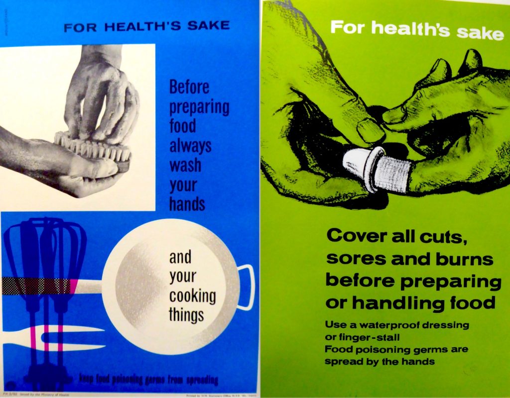 These two Ministry of Health Posters -- one advising people to wash their hands and utensils before preparing food, the other to cover any cuts or sores before food handling -- from the 1960s were intended to improve food hygiene in the home and catering trades.